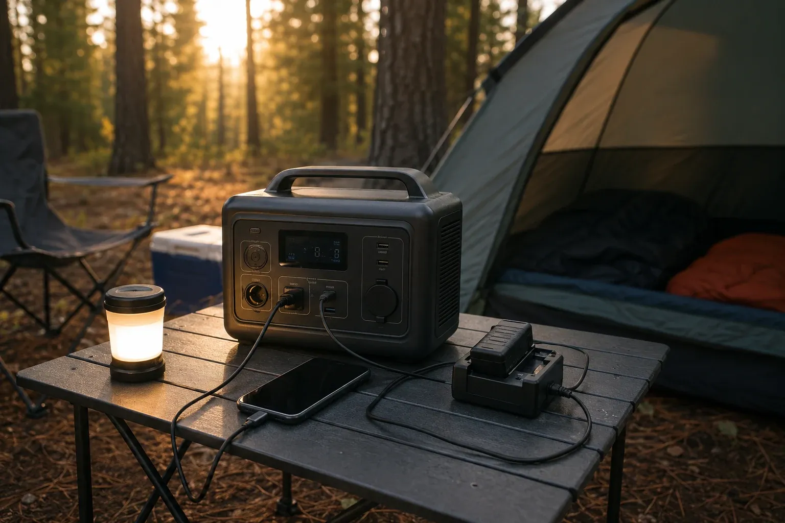 A portable power station on a folding camp table beside a tent, charging a phone and camera with a USB lantern glowing in late-afternoon light