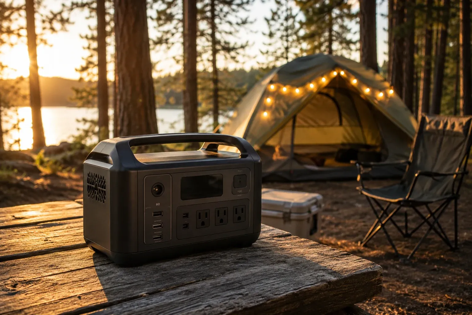 A portable power station on a picnic table at a forest campsite at golden hour, with a tent and string lights behind it