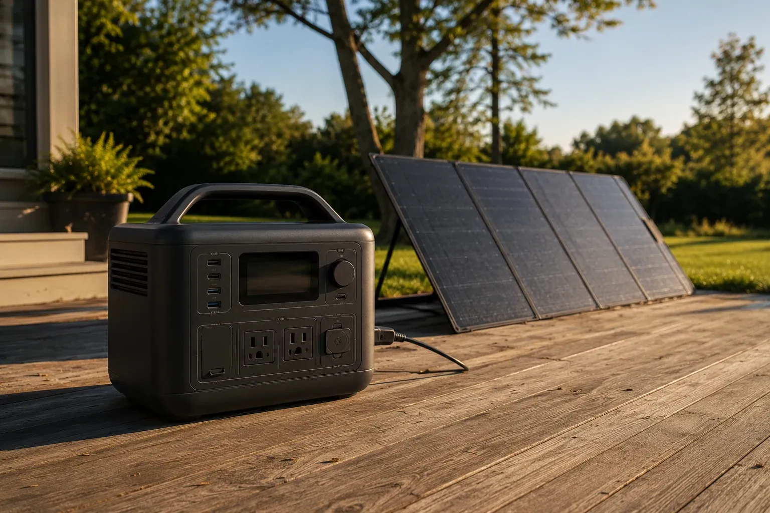 A portable solar power station charging from a folding solar panel set up in full sun