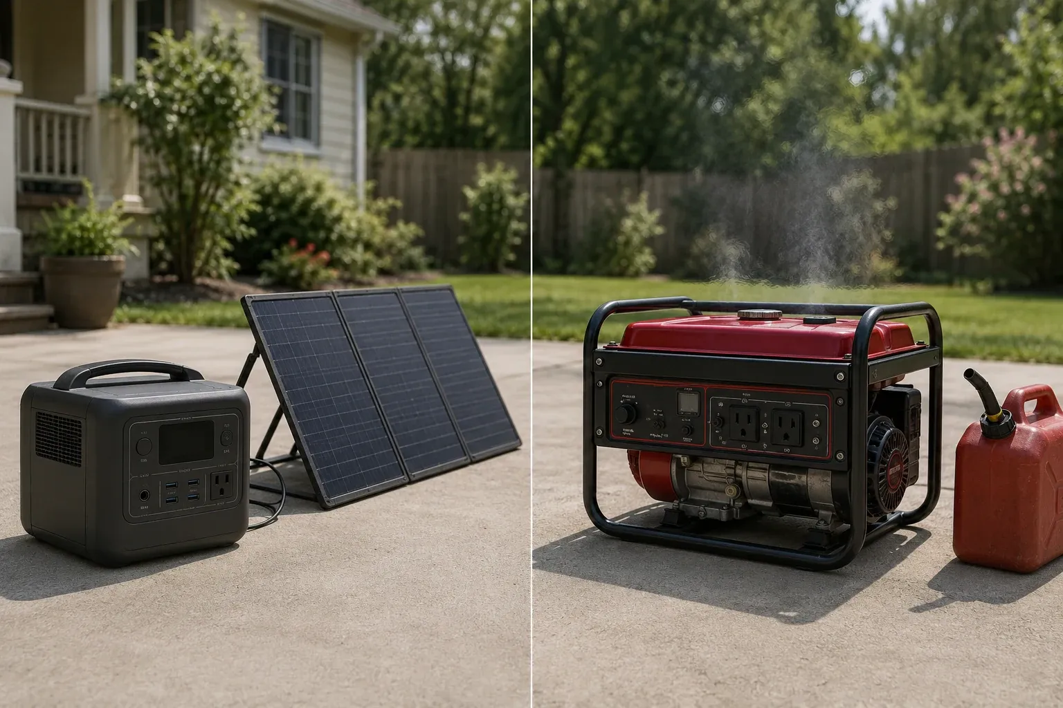 A portable solar generator with a folding panel beside a gas generator and a fuel can on a backyard patio — a side-by-side comparison