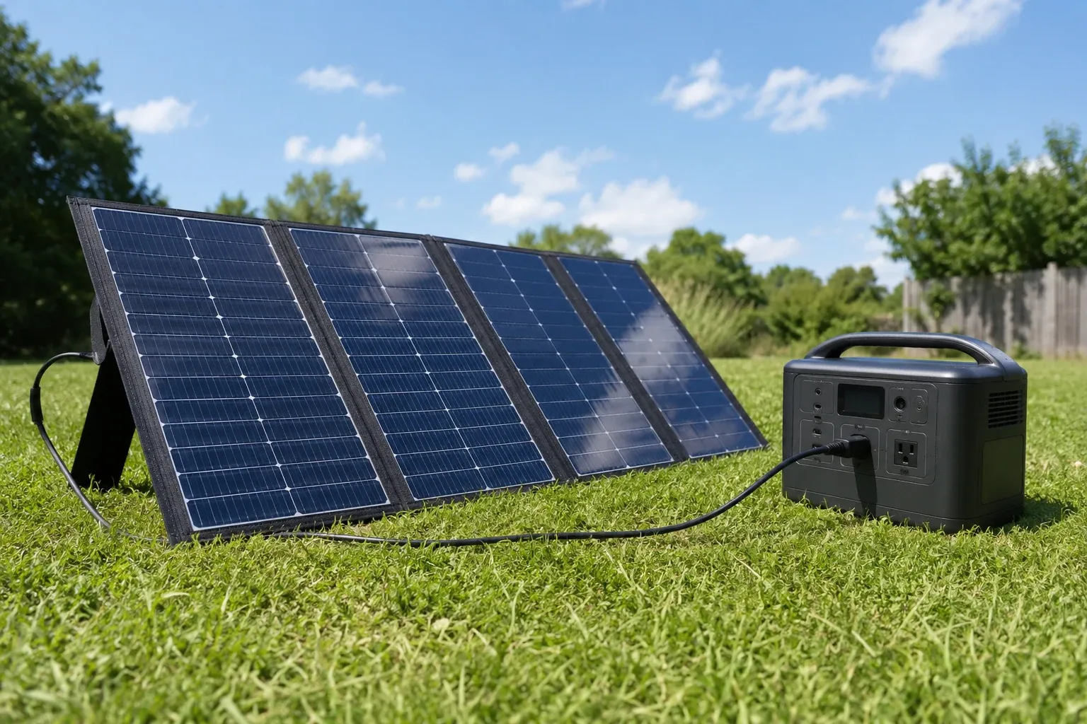 A foldable portable solar panel angled in direct sunlight on grass, with a cable running to a portable power station beside it