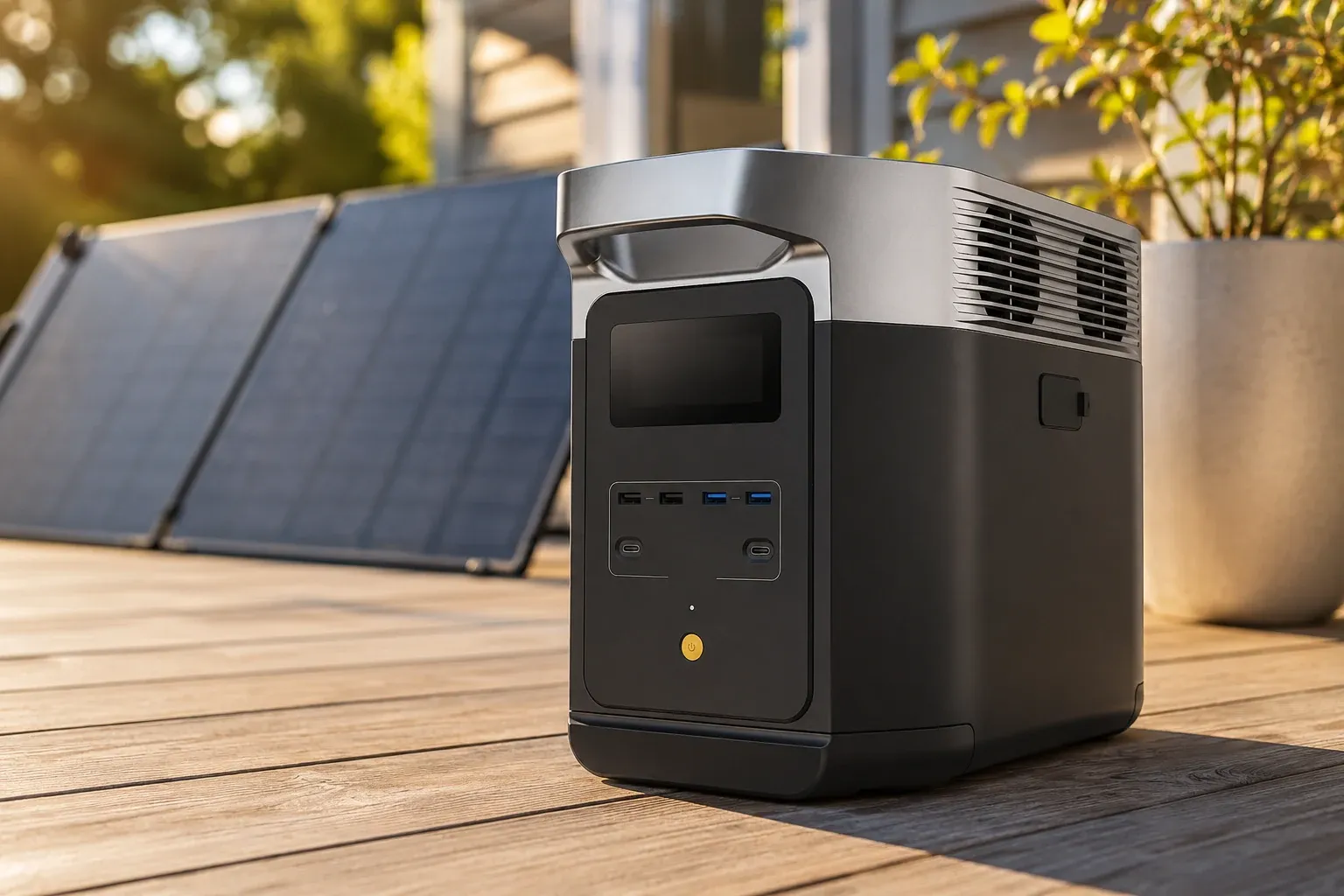 EcoFlow Delta 2 portable power station on a wooden backyard deck in afternoon sun with a folding solar panel angled toward the light behind it