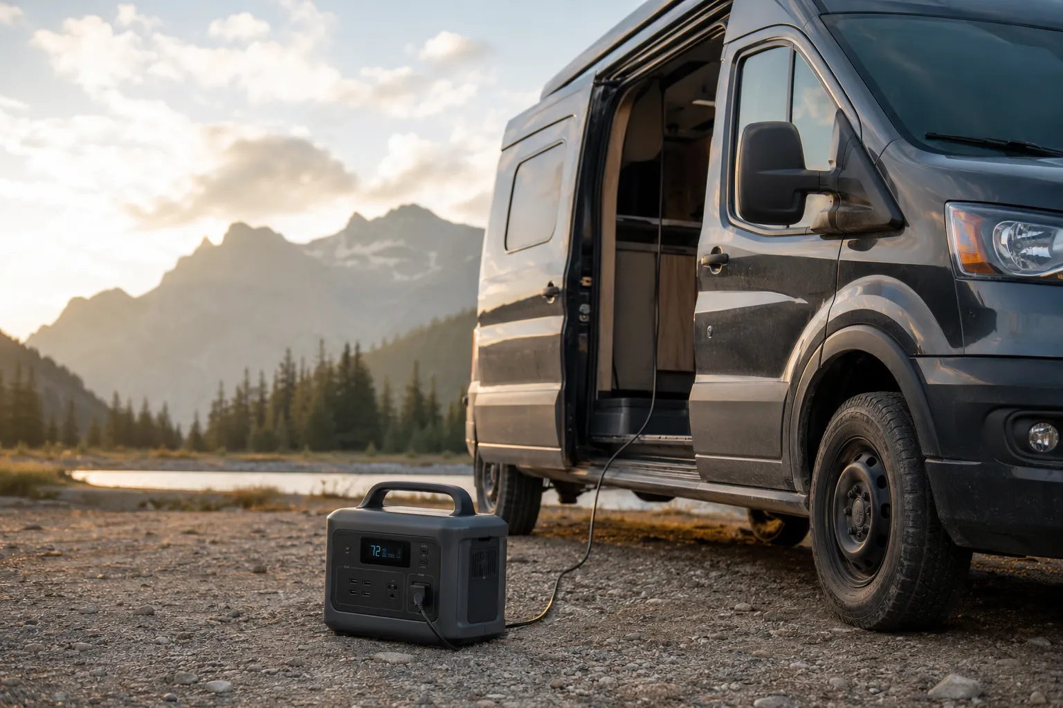 A portable power station sitting on the gravel beside a parked camper van at a remote golden-hour campsite