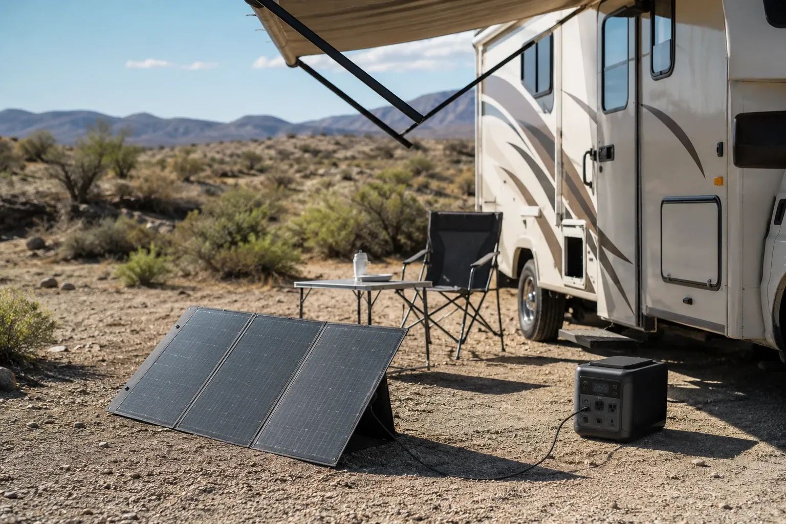 A portable solar power station and a foldable solar panel set up at a campsite beside a parked motorhome in the morning sun