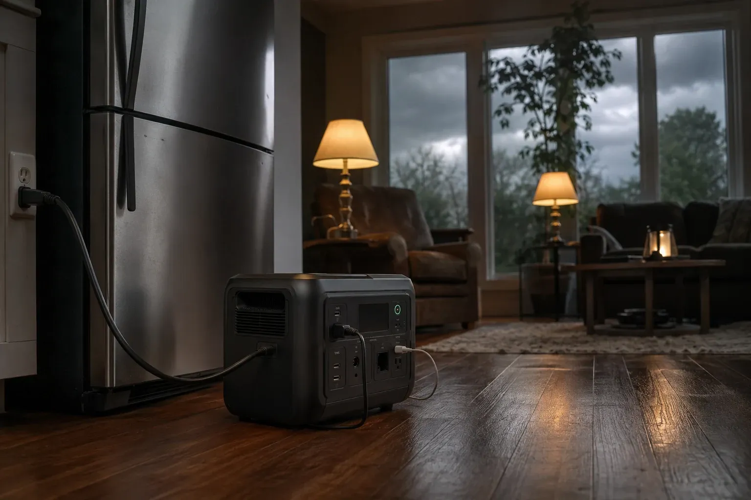 A large portable power station on a hardwood floor in a home during a power outage, powering a refrigerator and lamps in the dim room