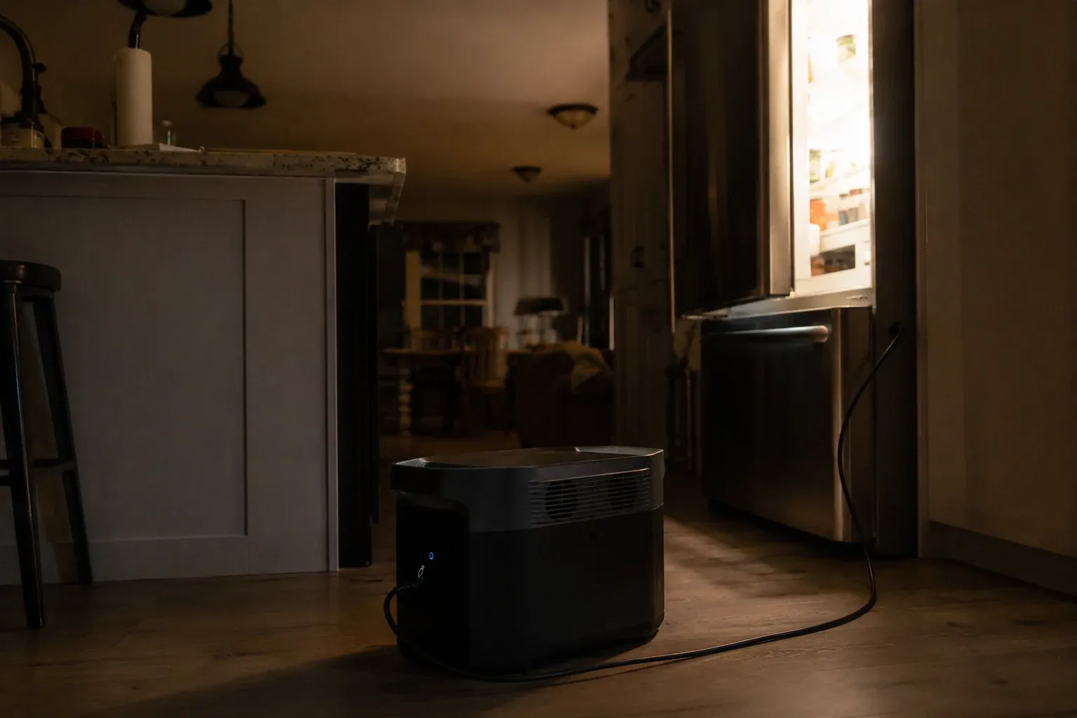A portable power station on a kitchen floor powering a refrigerator during an evening power outage