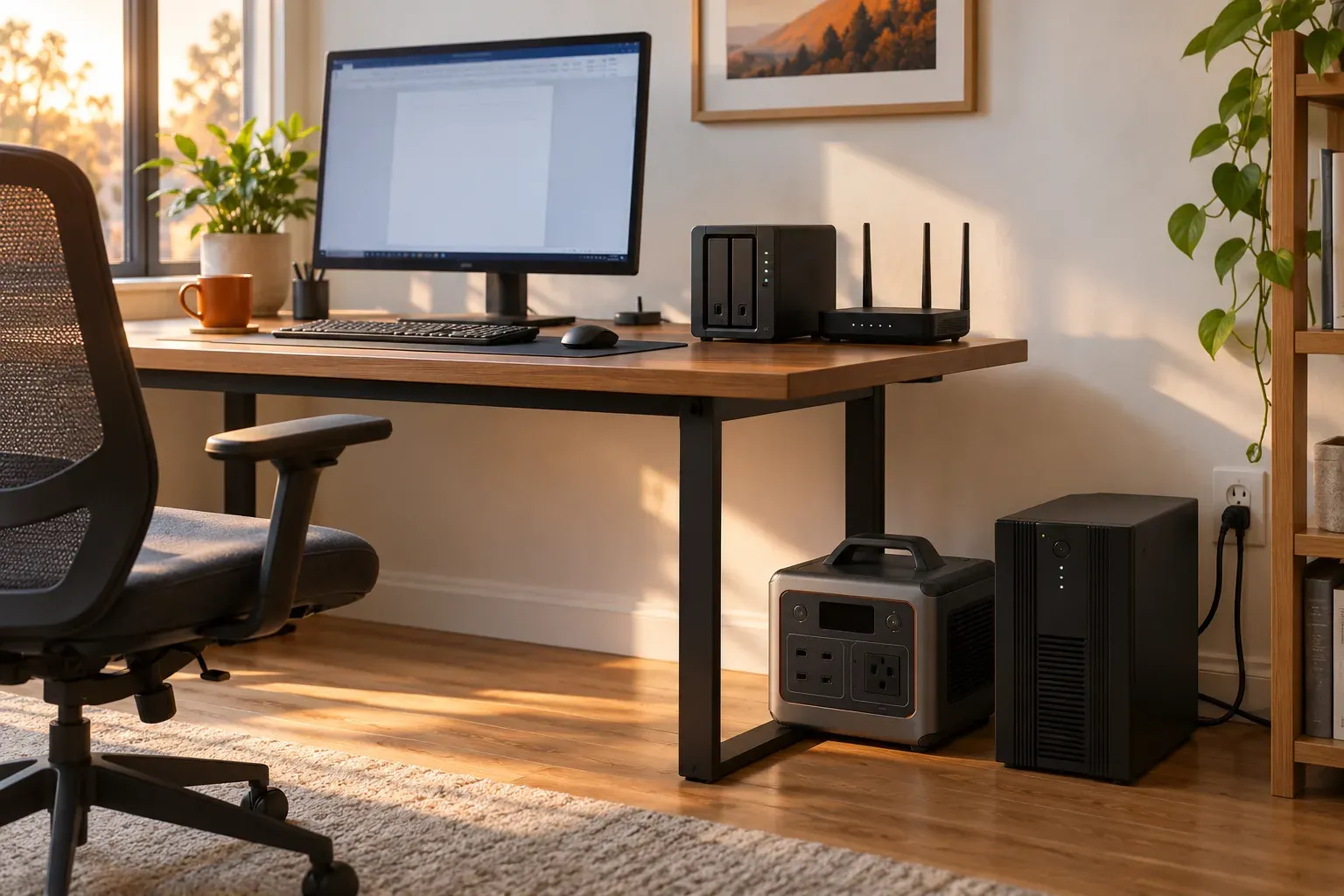 Illustrative home office with a portable battery station, tower UPS, desktop monitor, network storage and router