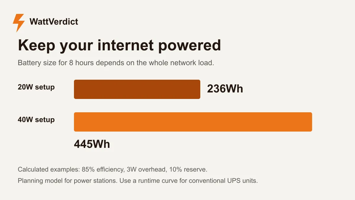 Calculated battery sizes for eight hours of internet backup: 236Wh for a 20W setup and 445Wh for a 40W setup