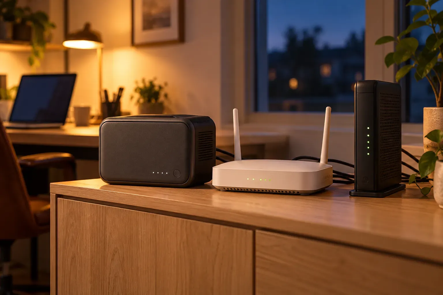 Wi-Fi router, cable modem and compact backup battery on a wooden cabinet in a home office