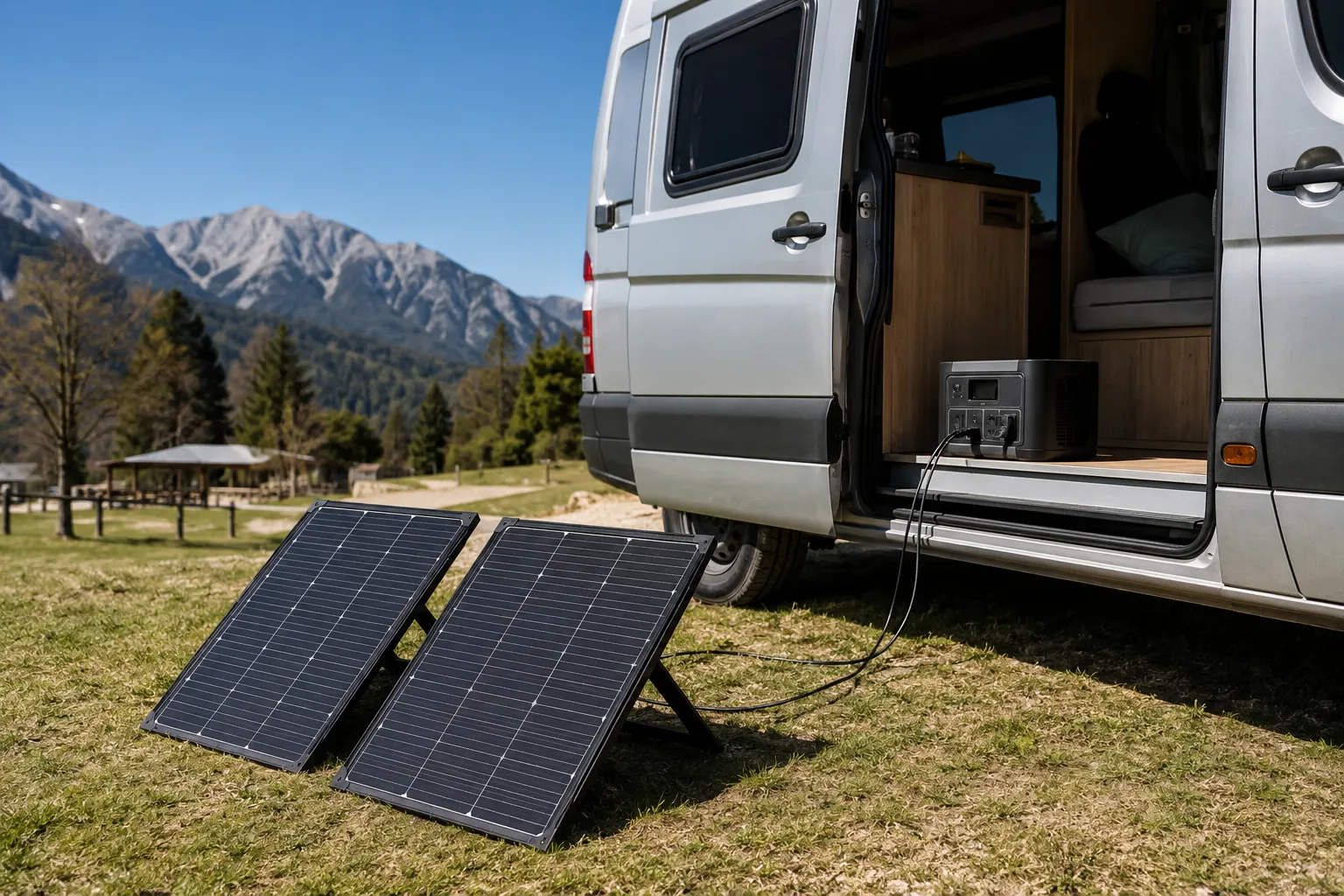 Two foldable portable solar panels set up on grass outside a parked camper van, cables running to a portable power station inside the van