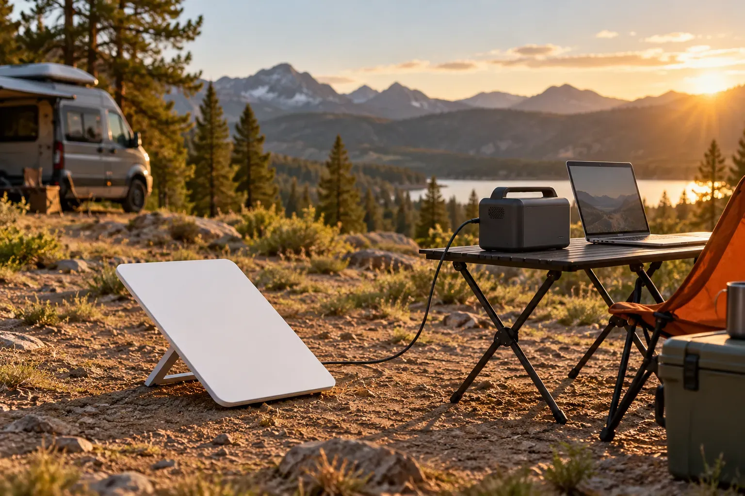 Compact satellite dish beside a portable battery and laptop at a mountain campsite