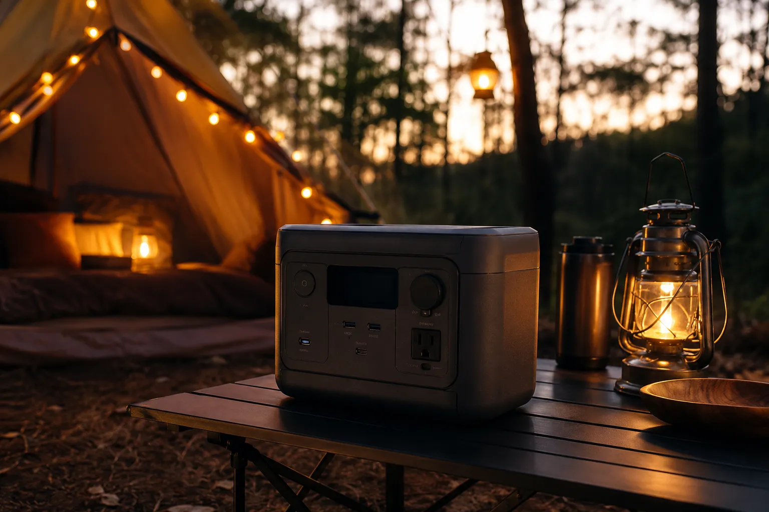 Portable power station on a camp table next to a tent at dusk