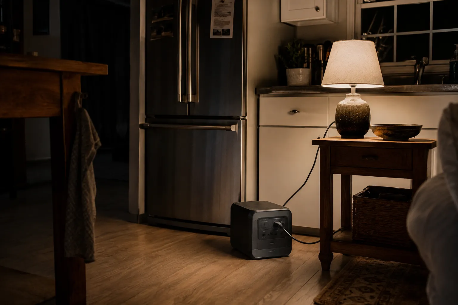 Portable power station running household essentials during a home blackout