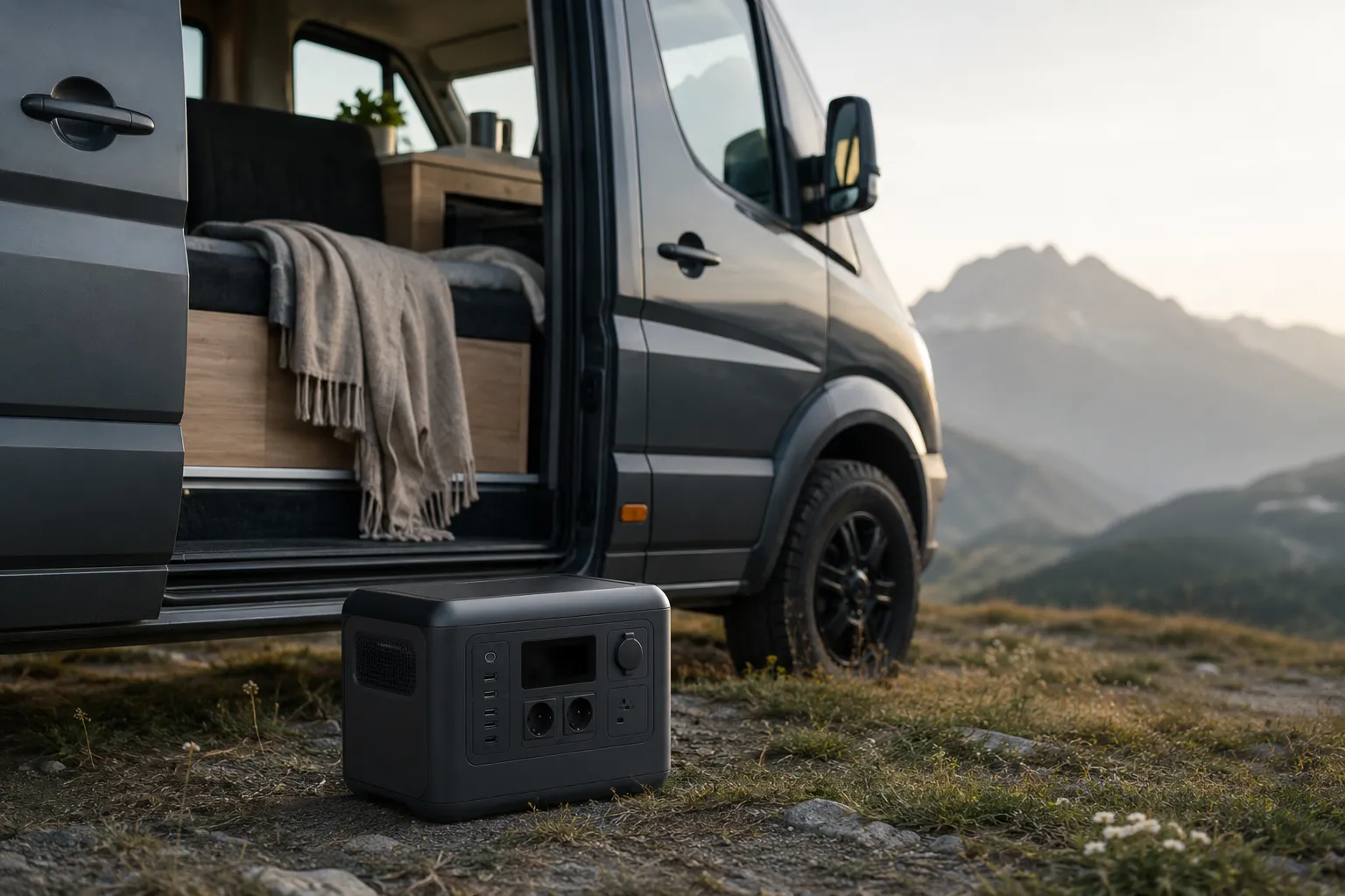 Portable power station beside the open door of a camper van