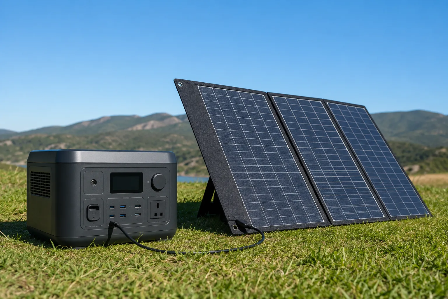 Portable power station connected to a portable solar panel outdoors